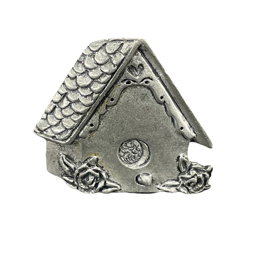 Vintage Hand signed Seagull Pewter Birdhouse Brooch 1997 Canada Heart Roses